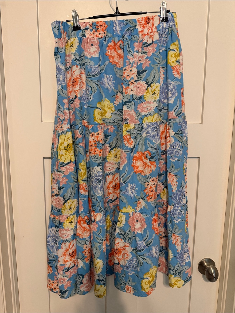 LOFT Linen and Cotton Blend Cottagecore Blue Floral Tiered Boho Maxi Skirt - Picture 4 of 10